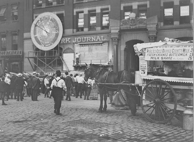 Fresh Churned Buttermilk! Milkshakes! At Park Row near Broadway, 1896